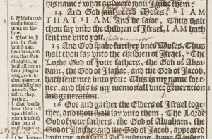 A marked up Bishops' Bible used by the KJV translators at Exodus 3:14[1].