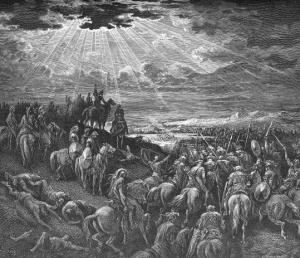 An 1883 depiction of Joshua commanding the sun to stand still in the sky.