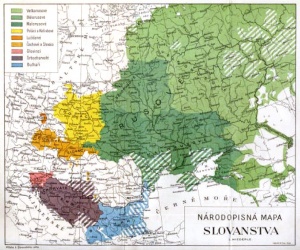 Ethnographic map of the Slavic peoples prepared by Czech ethnographer Lubor Niederle showing territorial boundaries of Slavic languages in Eastern Europe in the mid 1920s