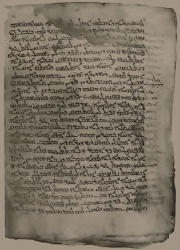 Syriac Sinaiticus, folio 82b, Gospel of Matthew 1:1-17. Superimposed, life of Saint Euphrosyne.