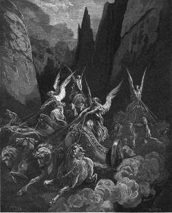 Zechariah's vision of the four horsemen (Zechariah 6:1-8), engraving by Gustave Doré.