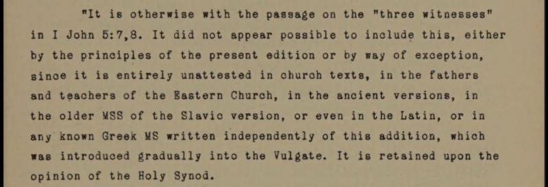 Image:1912 Patriarchal Edition 1 John 5.7-8 translated Greek comment.jpg