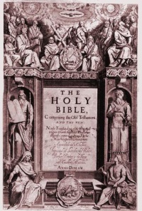 The title page to the 1611 first edition of the Authorized Version Bible by Cornelius Boel shows the Apostles Peter and Paul seated centrally at the top. Moses and Aaron flank the central text. In the four corners sit Matthew, Mark, Luke and John, authors of the four gospels, with their symbolic animals. The rest of the Apostles stand at the top.