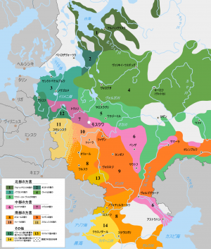 Northern dialects  1. Arkhangelsk dialect  2. Olonets dialect  3. Novgorod dialect  4. Viatka dialect  5. Vladimir dialect  Central dialects  6. Moscow dialect  7. Tver dialect  Southern dialects  8. Orel (Don) dialect  9. Ryazan dialect  10. Tula dialect  11. Smolensk dialect  Other  12. Northern Russian dialect with Belorussian influences  13. Sloboda and Steppe dialects of Ukrainian language  14. Steppe dialect of Ukrainian with Russian influences