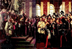 Foundation of modern Germany in Versailles, France, 1871. Bismarck is at the centre in a white uniform.
