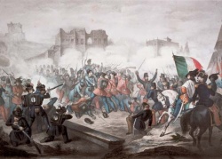Giuseppe Garibaldi defends Rome against the French in 1849.