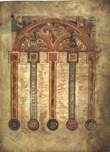 Canon table from the Book of Kells; the tables in the book were effectively unusable, as they were over-condensed and the corresponding sections were not marked in the main text.  This is either because it is unfinished, or because it was a display book not meant for study.
