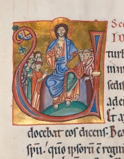 Christ Pantocrator seated in a capital "U" in an illuminated manuscript from the Badische Landesbibliothek, Germany.