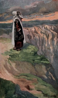 Moses depicted viewing the Promised Land, as in Deuteronomy 34:1-5.