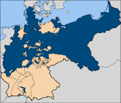 Imperial Germany (1871–1918), with the dominant Kingdom of Prussia in blue.