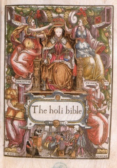 Though not formally dedicated to Queen Elizabeth, the Bishops' Bible includes a portrait of the queen on its title page. The 1569 quarto edition shows Elizabeth accompanied by female personifications of Justice, Mercy, Fortitude, and Prudence.