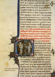 The different types of the Historical Bible is clearly shown here (aqui ms fr 155).  Above the red rubric, a translation of the Historia Scholastica by Comestor, and below, in larger script, Genesis.